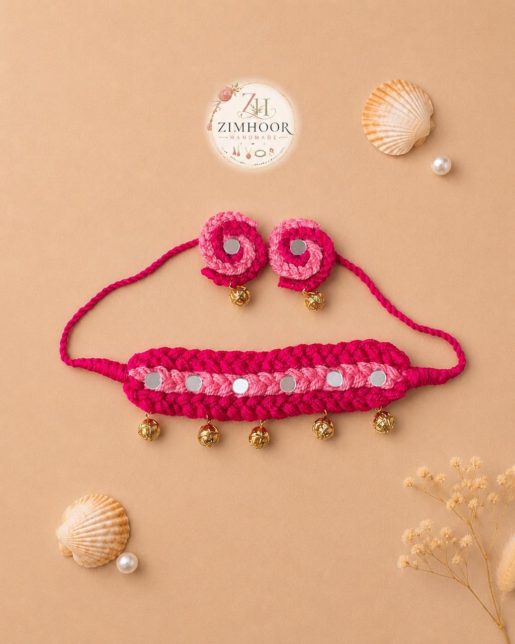 Pink Boho Yarn Handmade Necklace Set