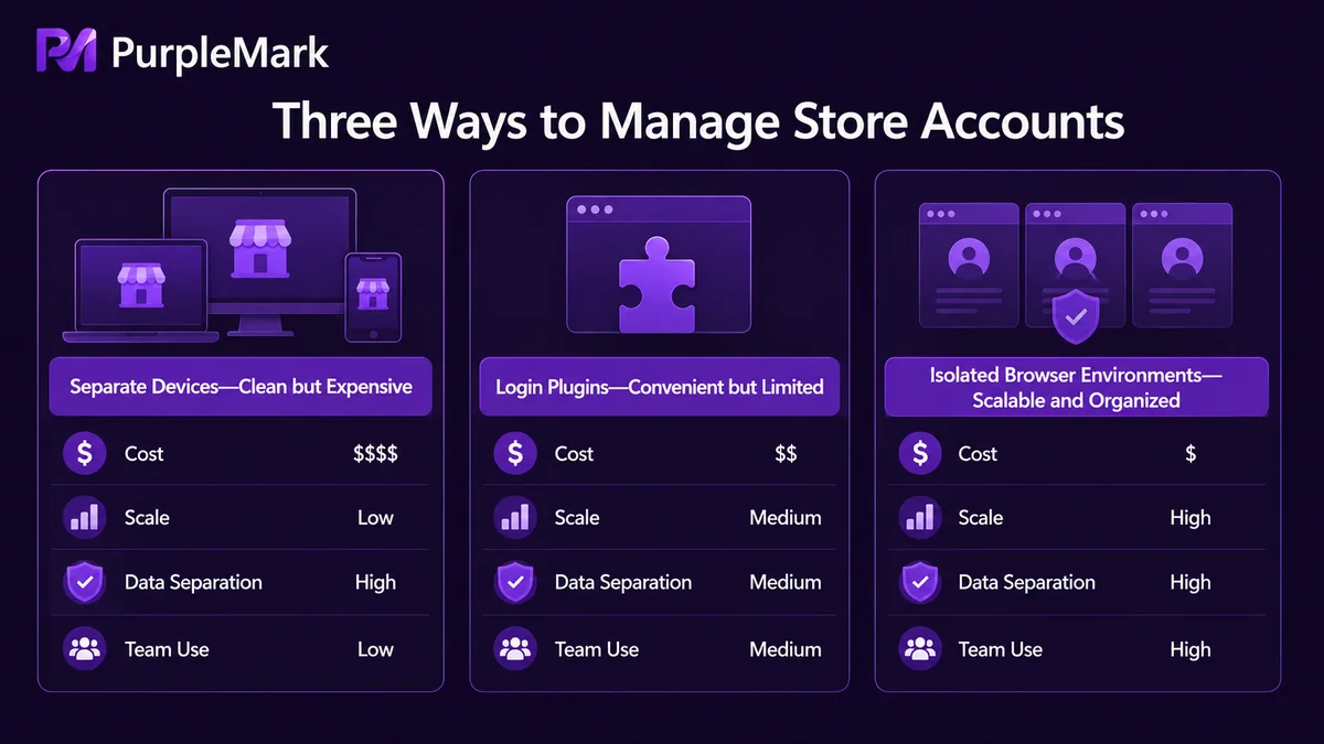 Comparison of three common ways to manage multiple store accounts