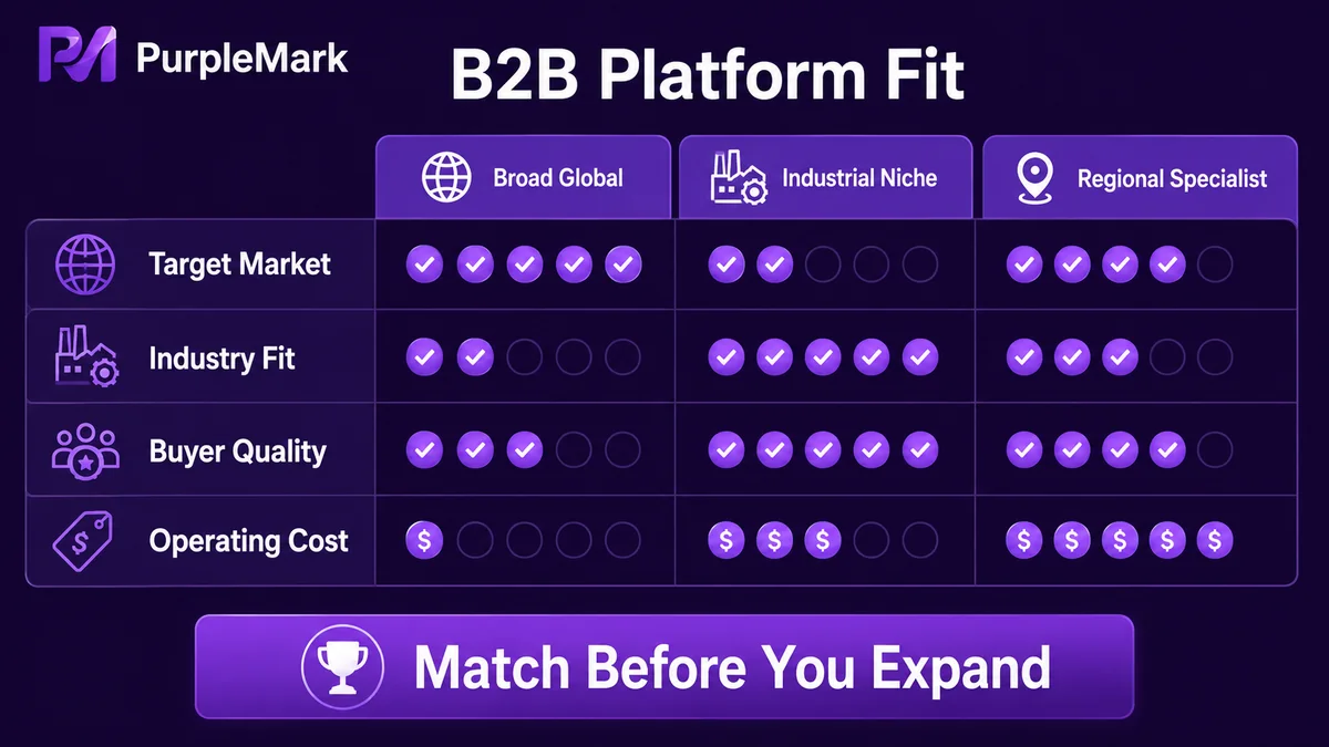 Matrix for choosing a B2B platform based on target market, industry fit, buyer quality and operating cost