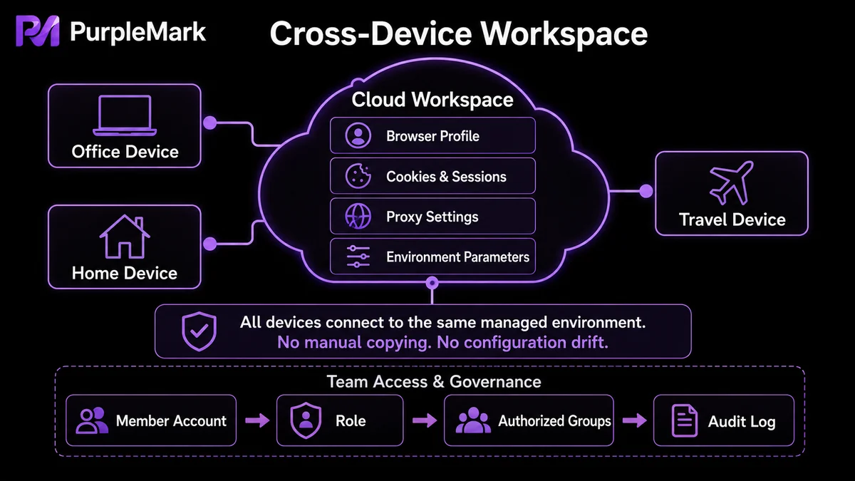 Architecture for using browser environments across devices through a cloud workspace and auditing access by member permissions