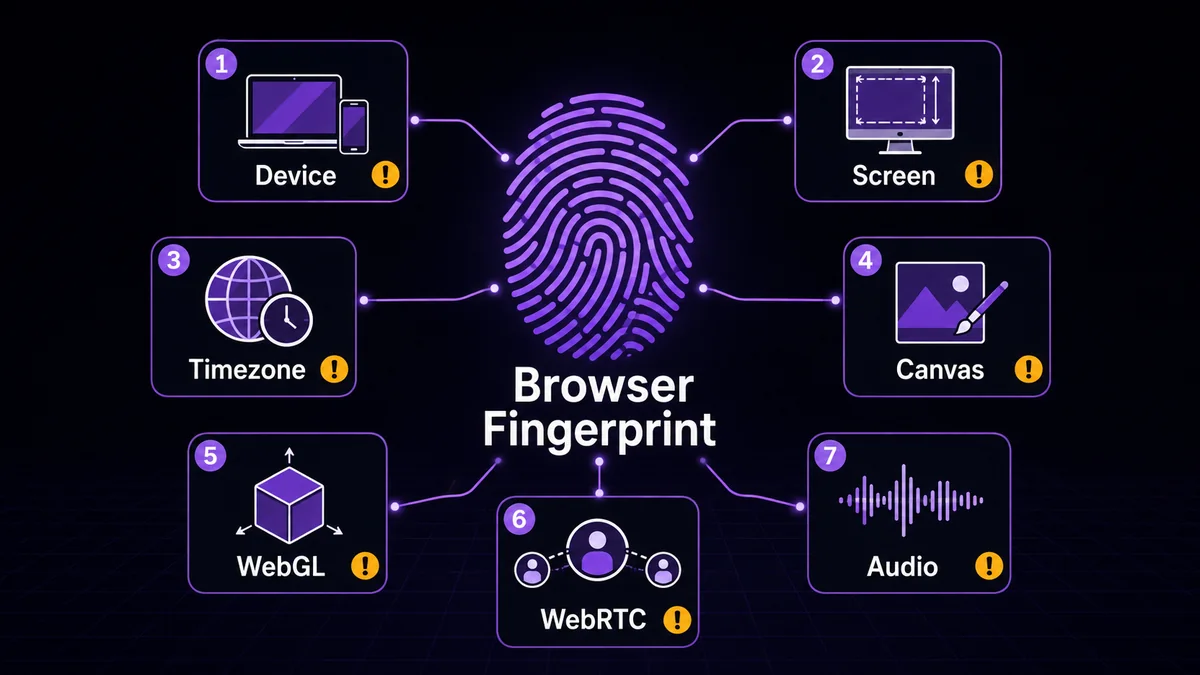 Diagram showing how multiple device and browser signals combine to form a browser fingerprint