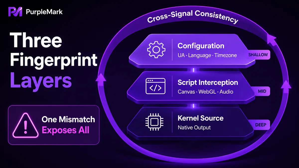 Relationship between configuration-level fingerprint changes, script interception, browser-engine-level handling, and cross-signal consistency