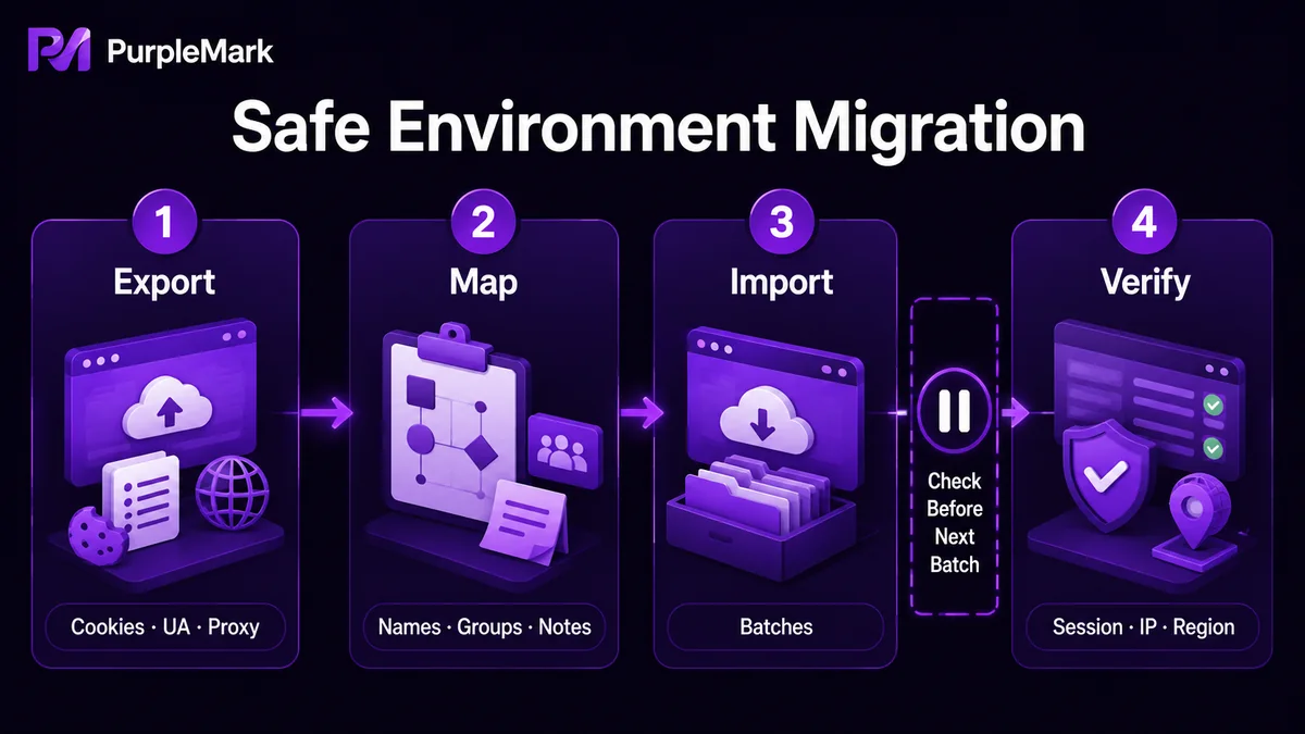 Proseso ng pag-export ng account environments, pag-map ng fields, batch import, at validation