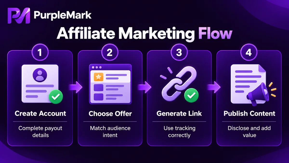Regelkonformer ClickBank-Affiliate-Ablauf von der Kontoerstellung über Produktauswahl und Link-Erstellung bis zur Veröffentlichung von Inhalten