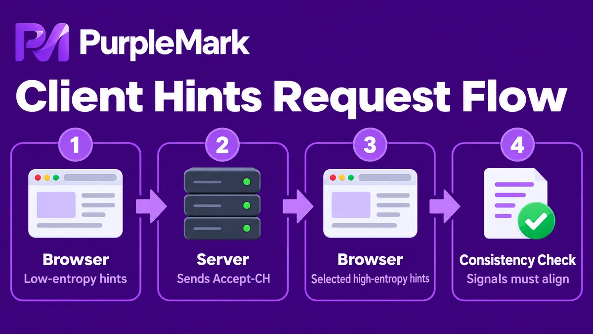 Flowchart showing how a browser exposes low-entropy Client Hints, responds to server requests for high-entropy information, and undergoes consistency checks