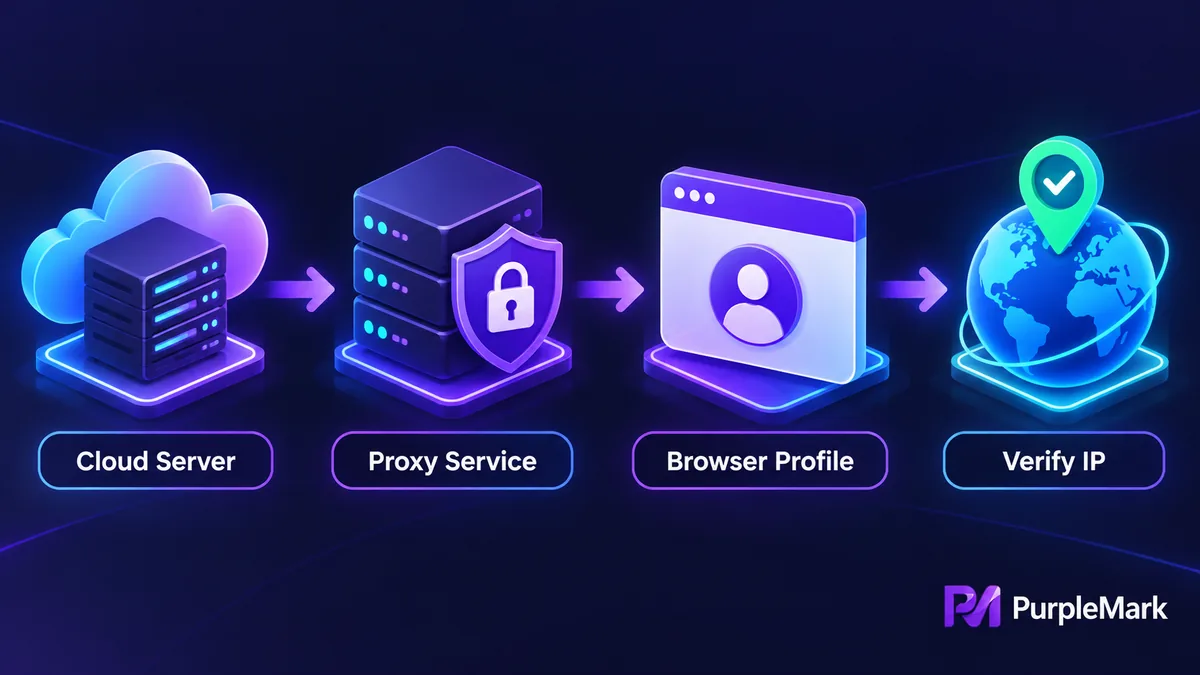 Workflow for deploying a proxy service on a cloud server, binding it to a browser environment, and verifying the outbound IP