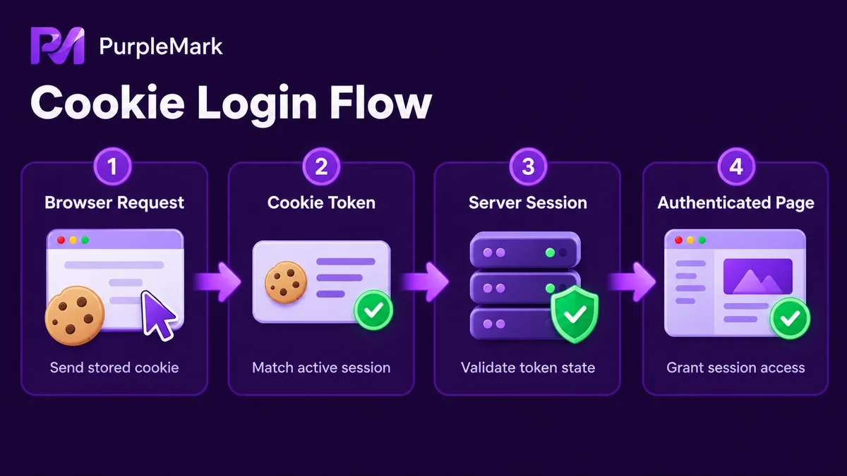 Diagram na nagpapakita ng browser na nagpapadala ng request na may Cookie token, server na nagva-validate ng session, at nagbabalik ng authenticated page