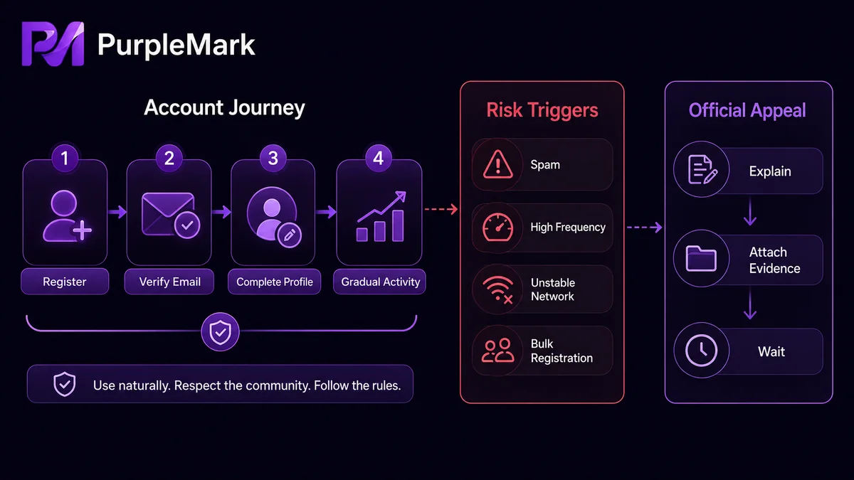 Complete path for a Discord account from registration and verification to normal use, identifying risk triggers, and filing an official appeal