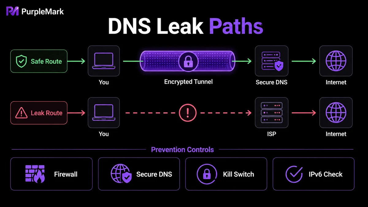Comparison of two DNS request paths: through an encrypted tunnel and leaking to the ISP