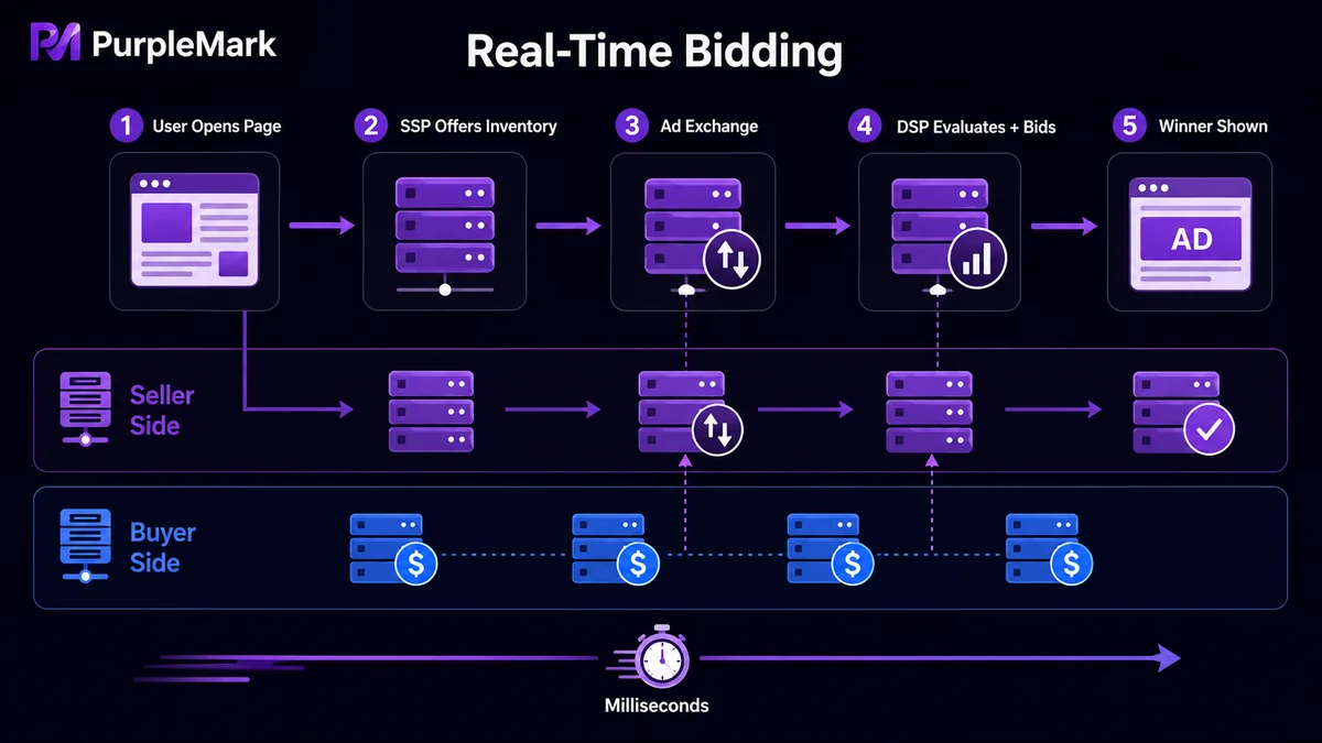 How SSP supplies ad inventory, DSP bids, and an ad exchange completes real-time bidding after a user opens a page