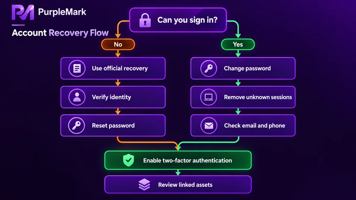 Flowchart para piliin ang Facebook account recovery path depende kung nakaka-login ka pa, at pagkatapos ay palakasin ang seguridad