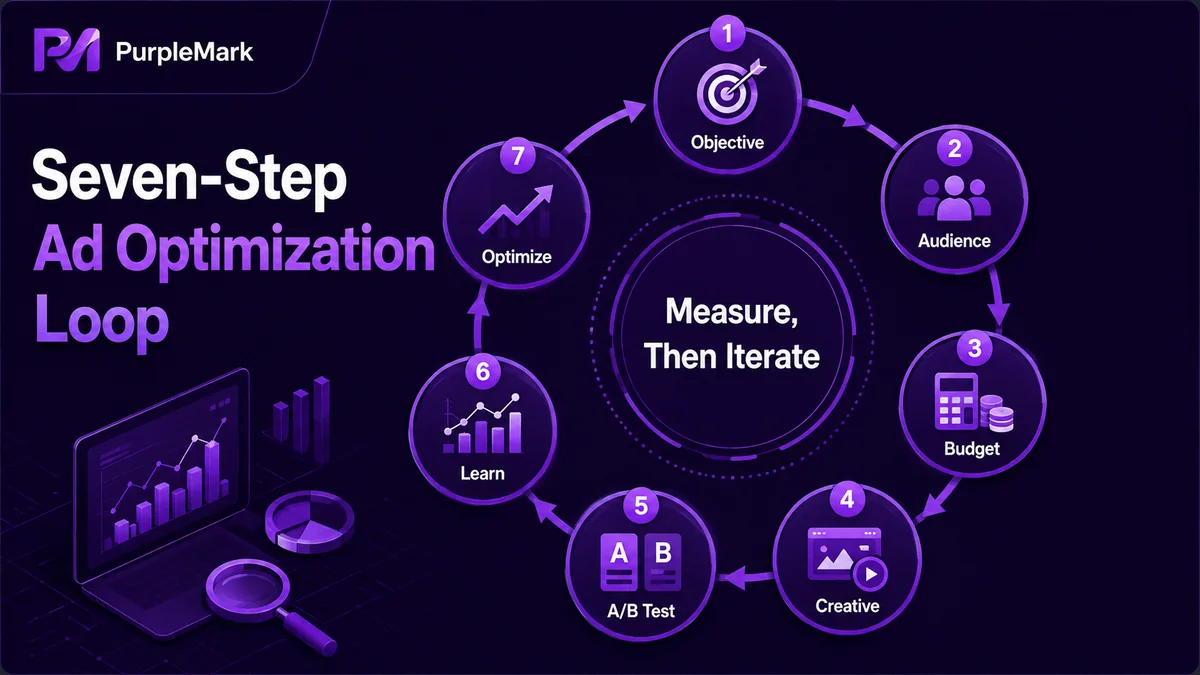 Pitong-hakbang na cycle ng ad performance optimization mula goal, audience at budget hanggang creative, testing, learning at iteration
