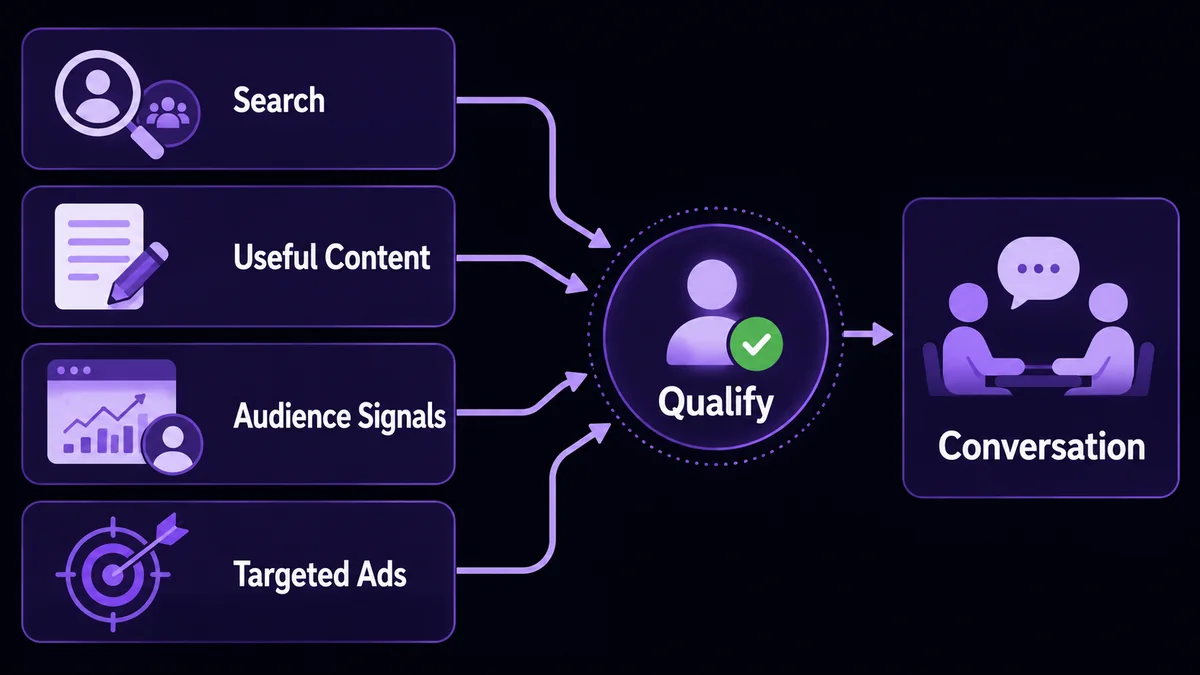 Diagram of four Facebook customer acquisition paths for overseas prospecting