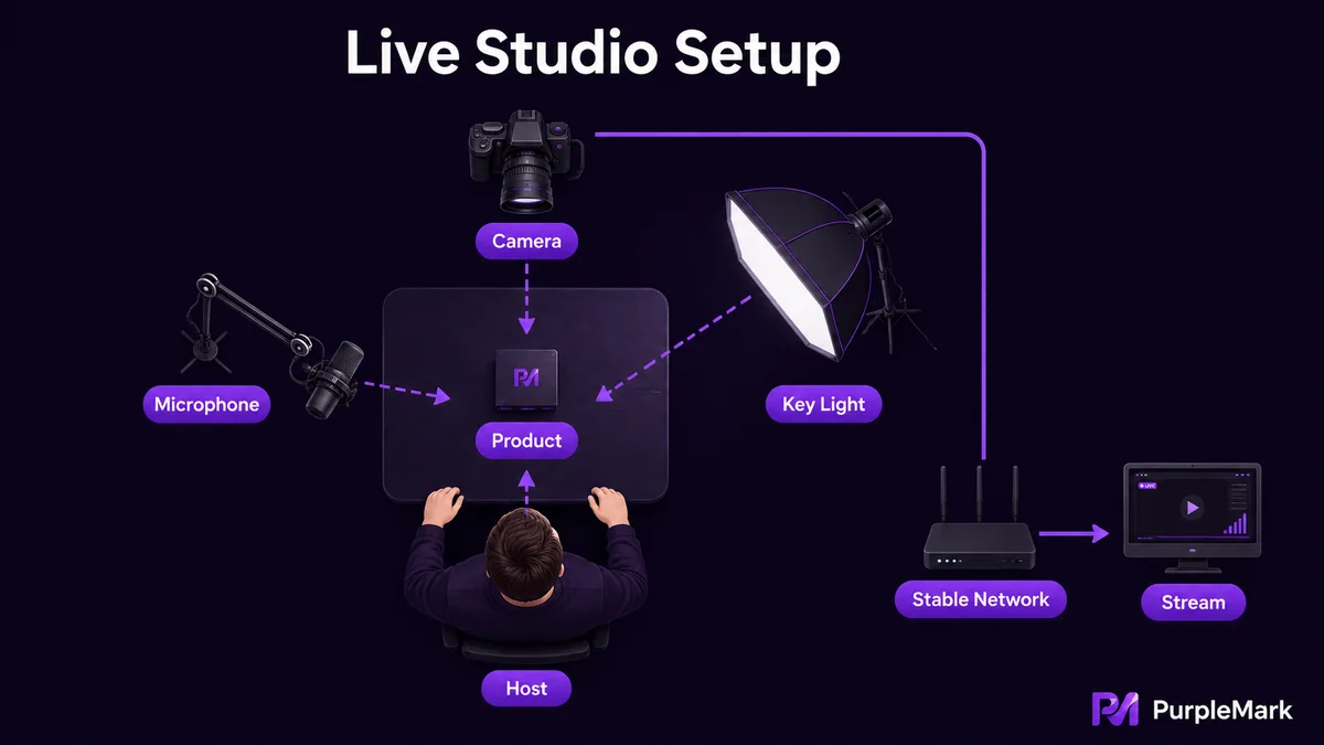 Relative layout of camera, microphone, key light, product, host, and a stable network in a live-streaming setup