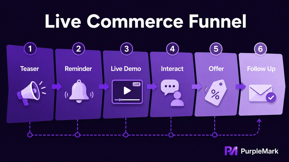 Live-stream conversion funnel from previews and reminders to product demos, real-time interaction, limited-time offers, and follow-up