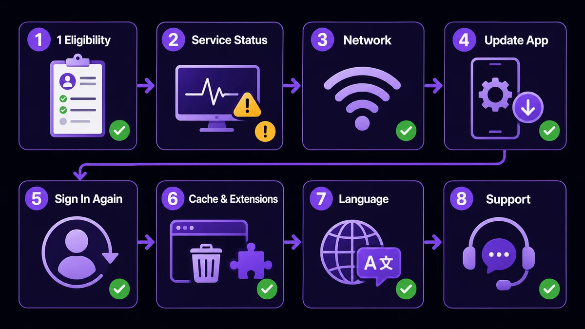 Eight-step troubleshooting flowchart for Facebook Marketplace not working