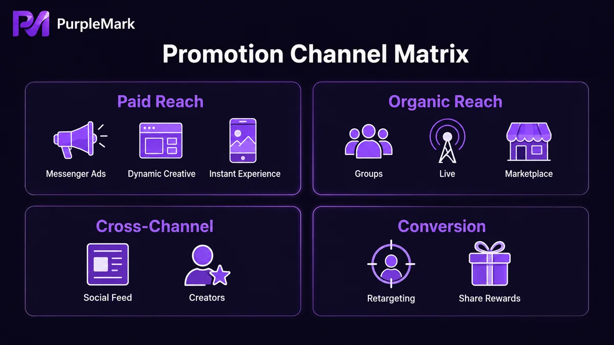 Facebook promotion channel matrix: paid, organic, cross-channel, and conversion methods