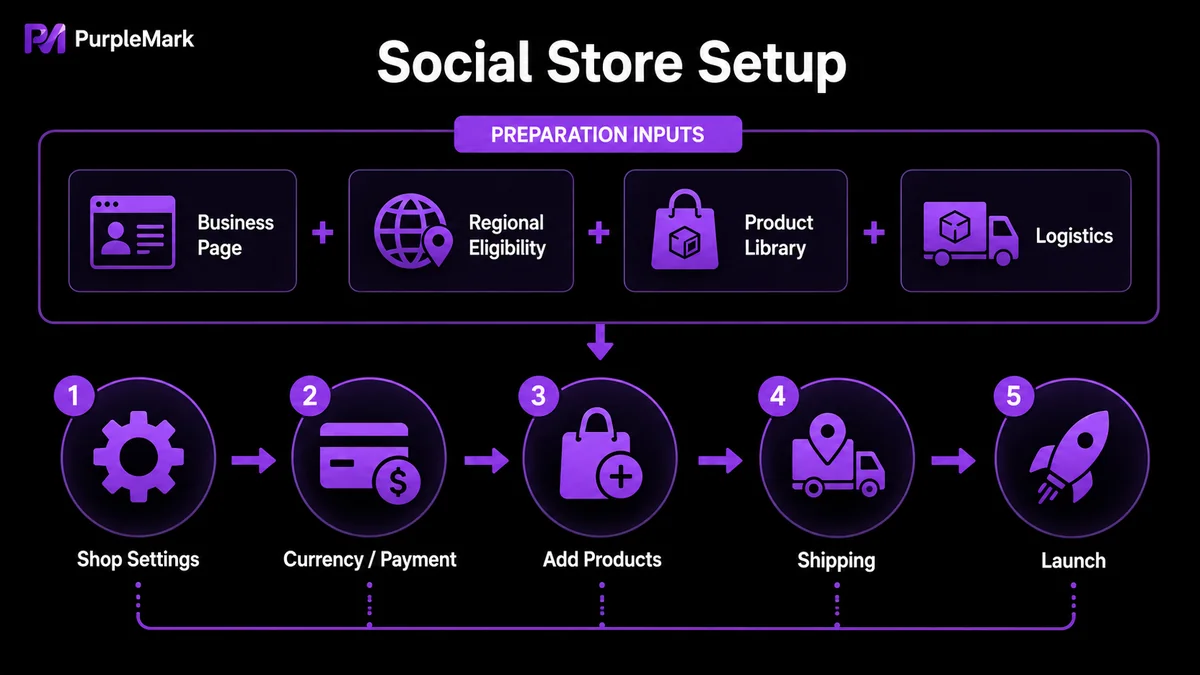 Workflow for launching a social commerce shop from preparation and store setup to products and logistics