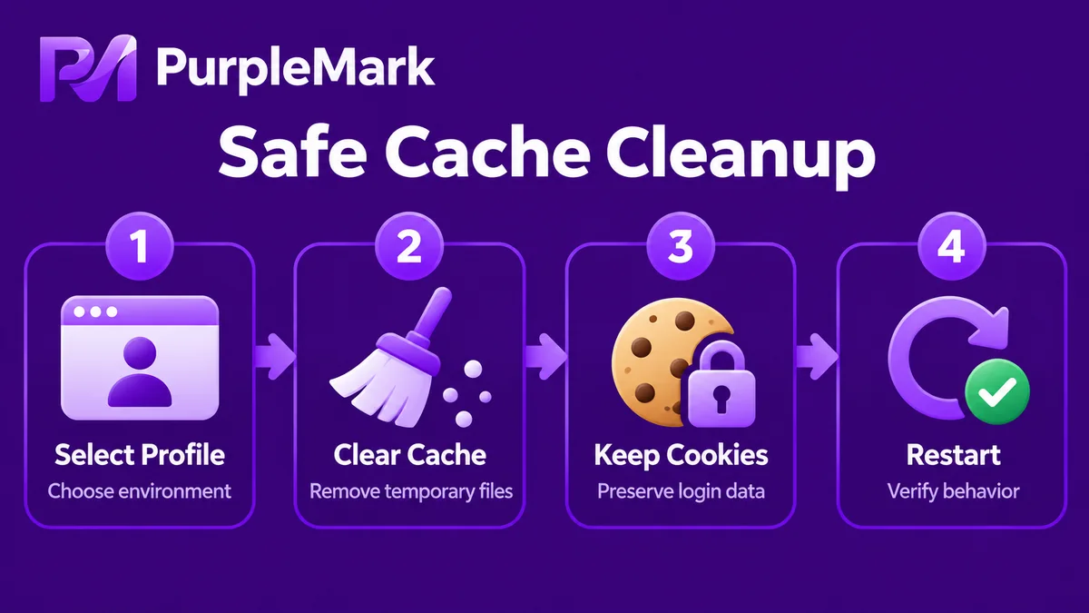 Workflow for selecting an environment, preserving necessary login data, clearing browser cache, and restarting to verify the result