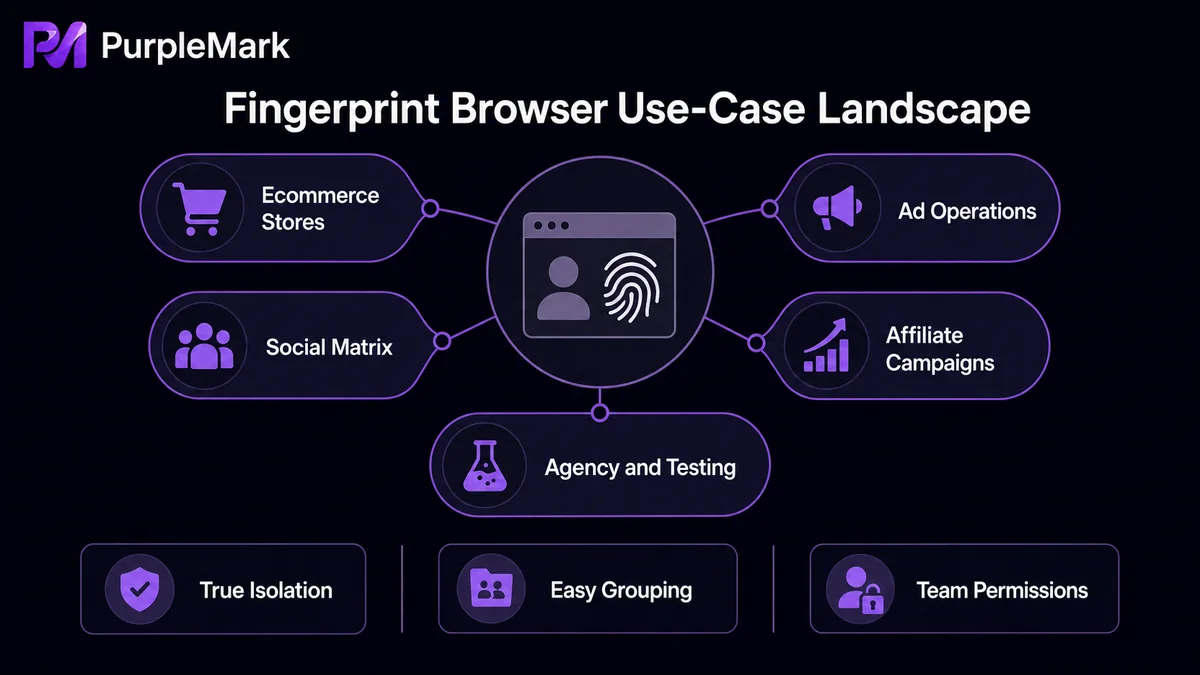 Typical fingerprint browser use cases in ecommerce, social media, advertising, affiliate marketing, and agency operations