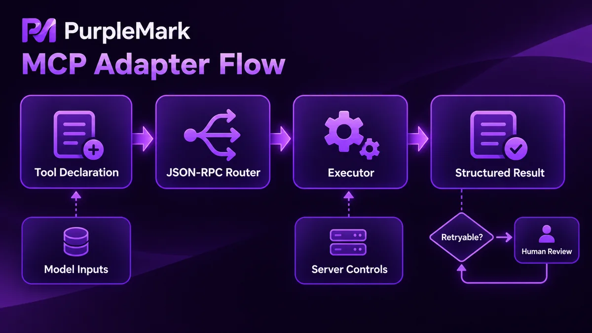 MCP 适配层把工具声明、JSON-RPC 路由、执行器和结构化结果串成可重试的业务流程