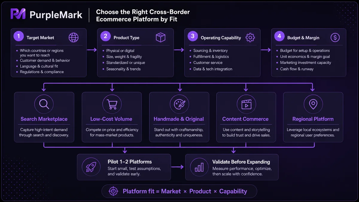 Framework for matching cross-border e-commerce platforms with market, category, capabilities, and budget