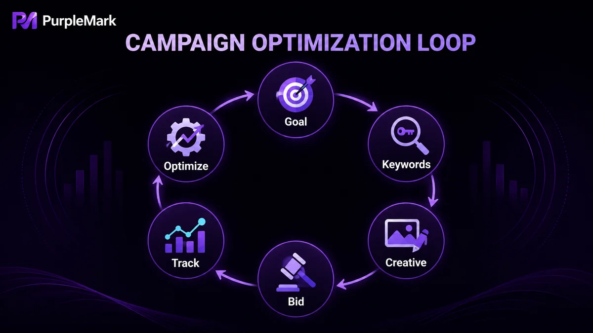 The Google Ads cycle from goals, keywords, creatives and bidding to tracking and optimization
