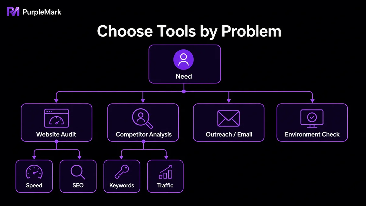 Choose diagnostic, competitor, email, and environment tools for an international independent site based on the problem