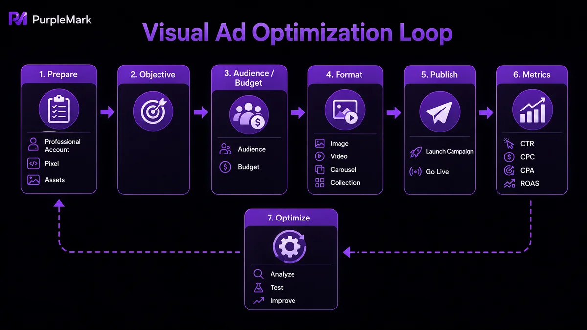 Ciclo de publicidad visual desde la preparación, la audiencia y la elección de formato hasta la optimización de métricas