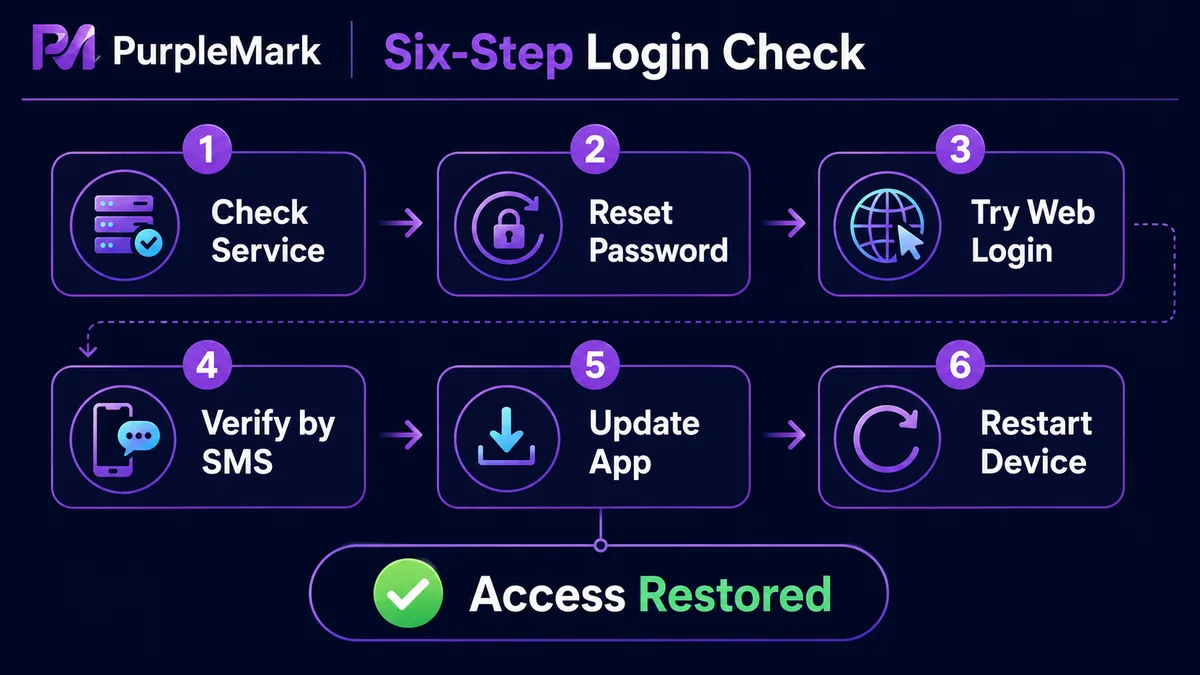 Six-step Instagram login troubleshooting process covering service status, password, web login, updates, and restart