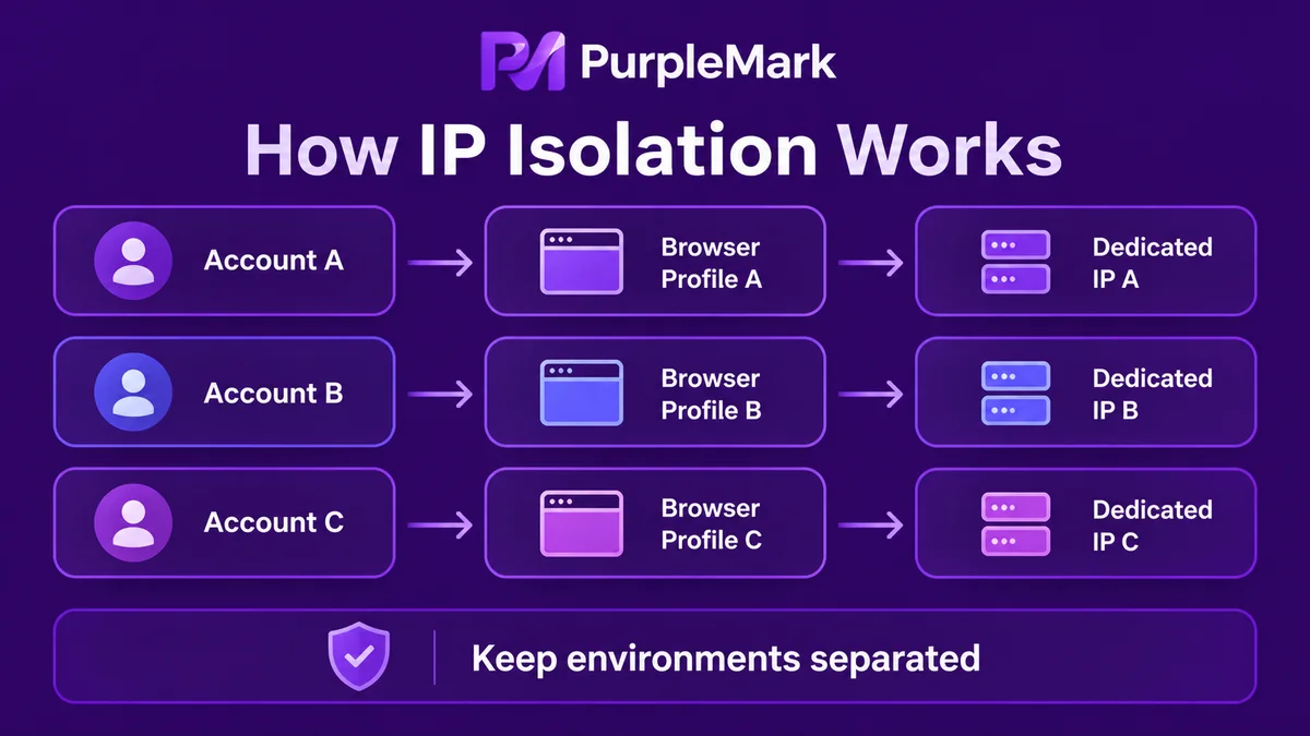 Diagram showing different accounts staying network-isolated through separate browser environments and dedicated IP addresses