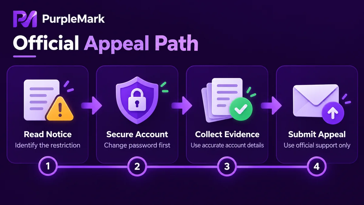 Flowchart showing the process from reading the ban notice and securing the account to organizing evidence and submitting an appeal through official support