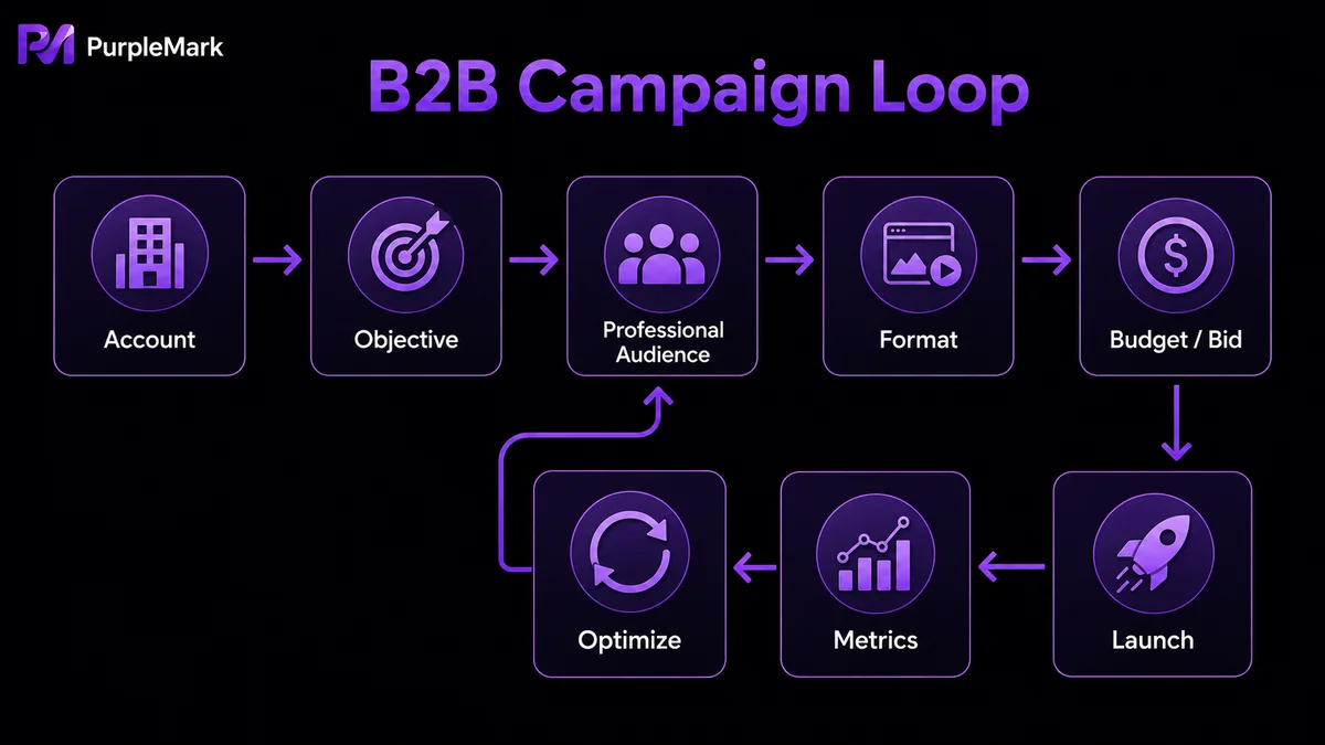 The B2B advertising optimization cycle from account objectives to audience, budget, and metrics