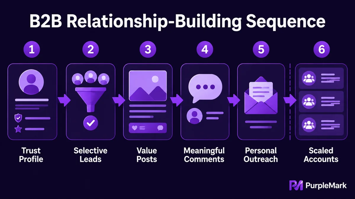 Proseso ng LinkedIn client development mula credible profile at targeted connections hanggang content interaction at multi-account scaling