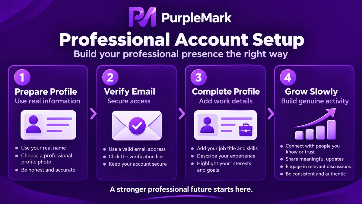 Flowchart ng paggawa ng professional social account mula sa paghahanda ng totoong impormasyon at email verification hanggang sa pagkumpleto ng profile at unti-unting pagbuo ng tunay na activity