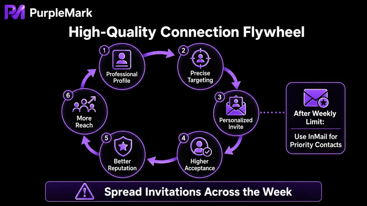 A cycle of high-quality networking invitations, from profile quality and precise targeting to acceptance rate and reputation improvement
