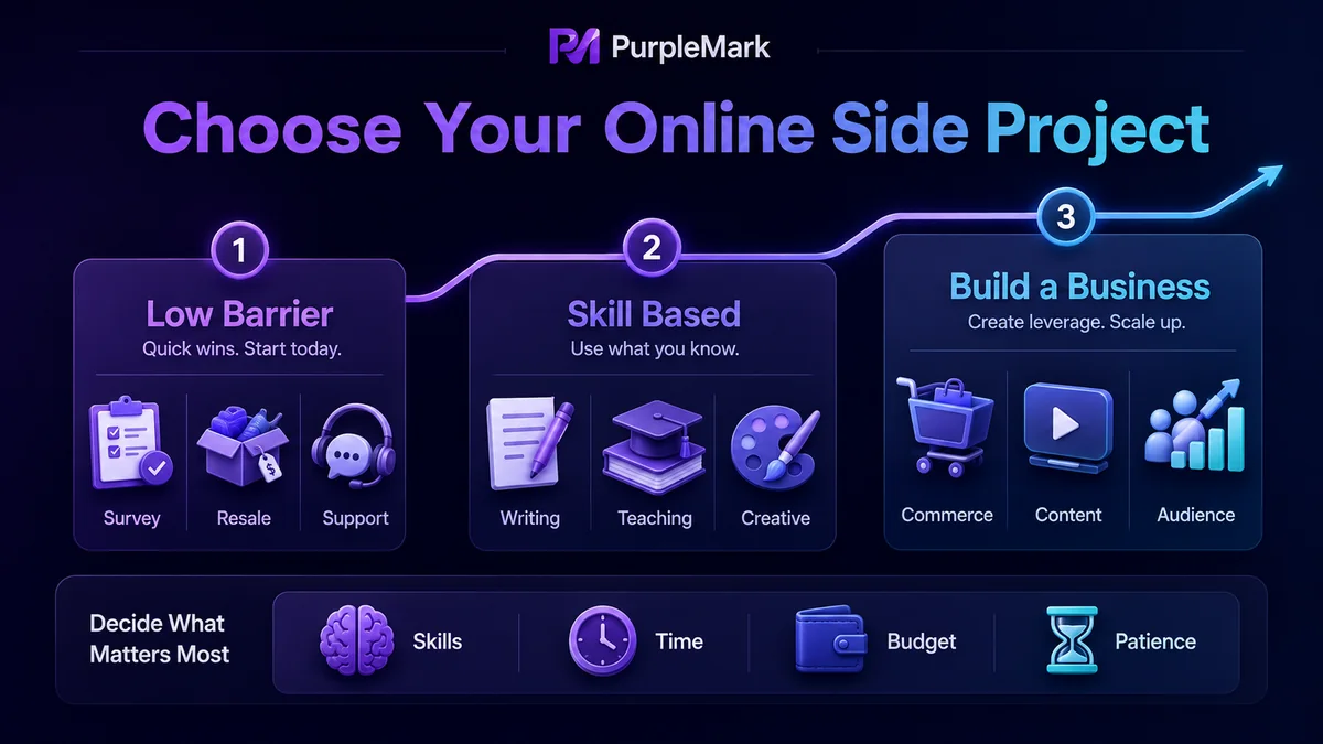 Choose an online side hustle by entry barrier, skills, and business potential