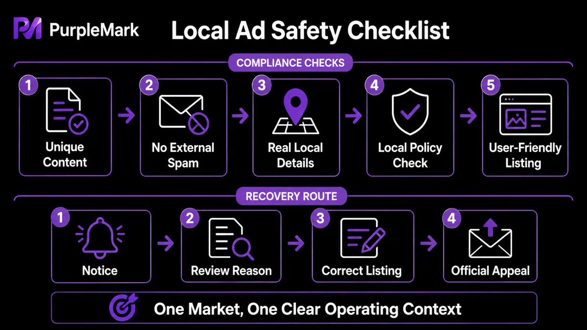 Content compliance checks for local classified ads and the official appeal process after account restrictions