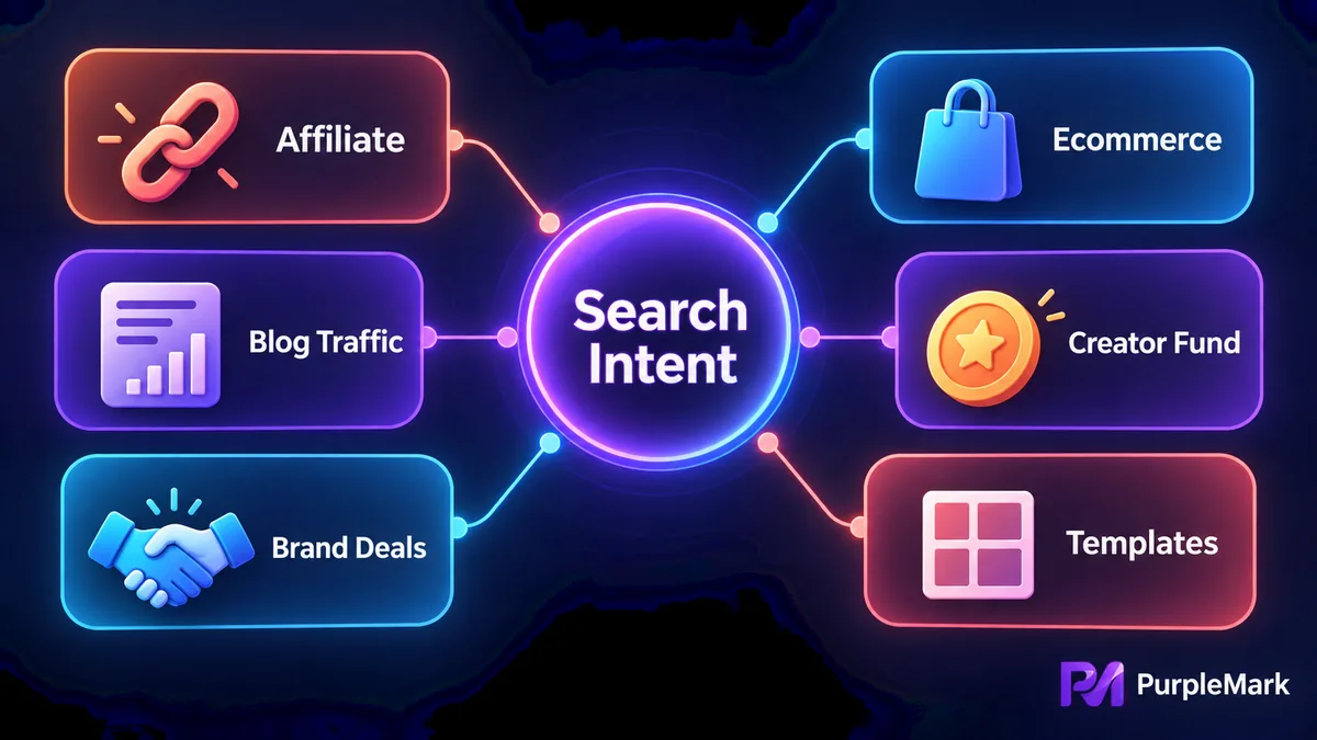A monetization path centered on search intent through affiliate marketing, blog traffic, brand partnerships, ecommerce, creator funds, and template sales