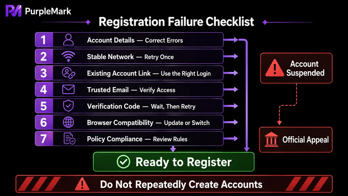 Path for checking information, network, account linkage, email, verification code, and browser when registration fails