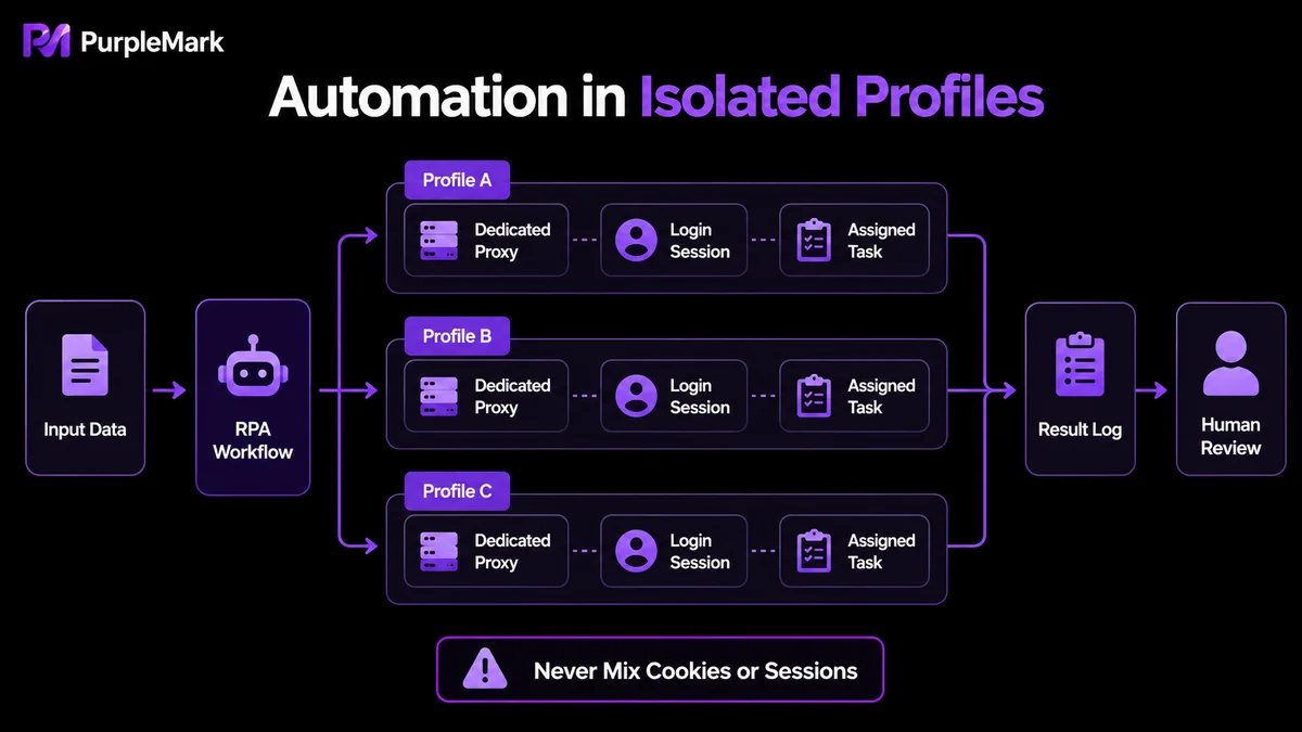RPA operating architecture where input data is assigned to isolated account environments and then reviewed by a person