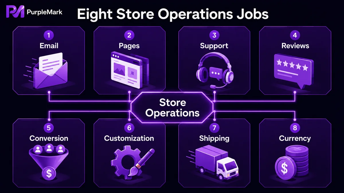 งาน 8 ด้านของการบริหารร้านอิสระ: อีเมล, หน้าเว็บ, บริการลูกค้า, รีวิว, conversion, การปรับแต่ง, การจัดส่ง และสกุลเงิน