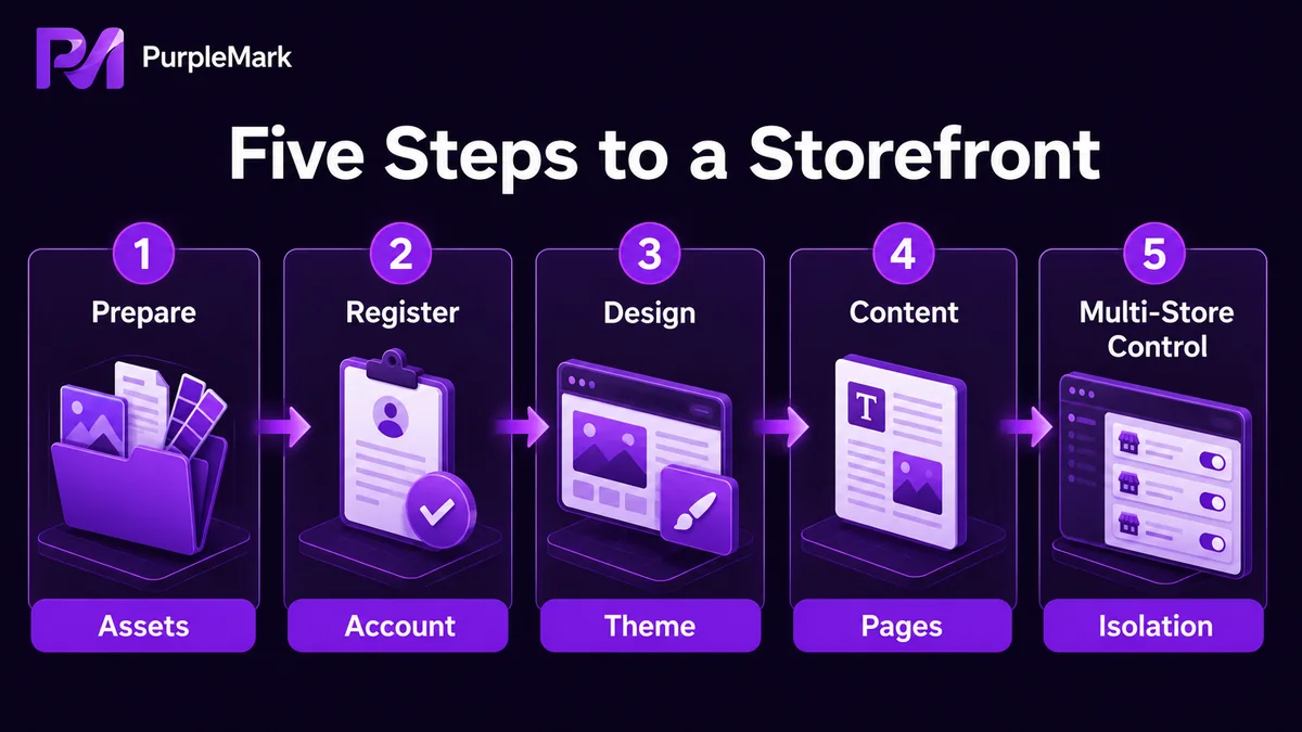 Five-step workflow for an independent store, from preparation and registration to design, content, and isolated multi-store management