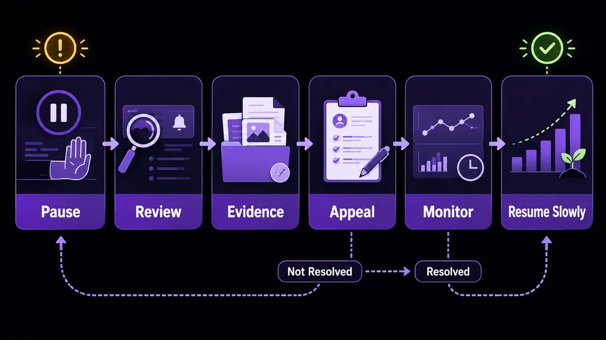 Flowchart for handling a restricted account, from pausing activity to appeal and recovery