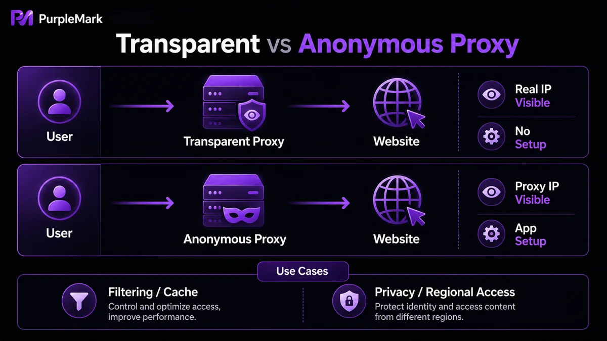 Comparison of transparent and anonymous proxies in IP visibility, configuration, and use cases