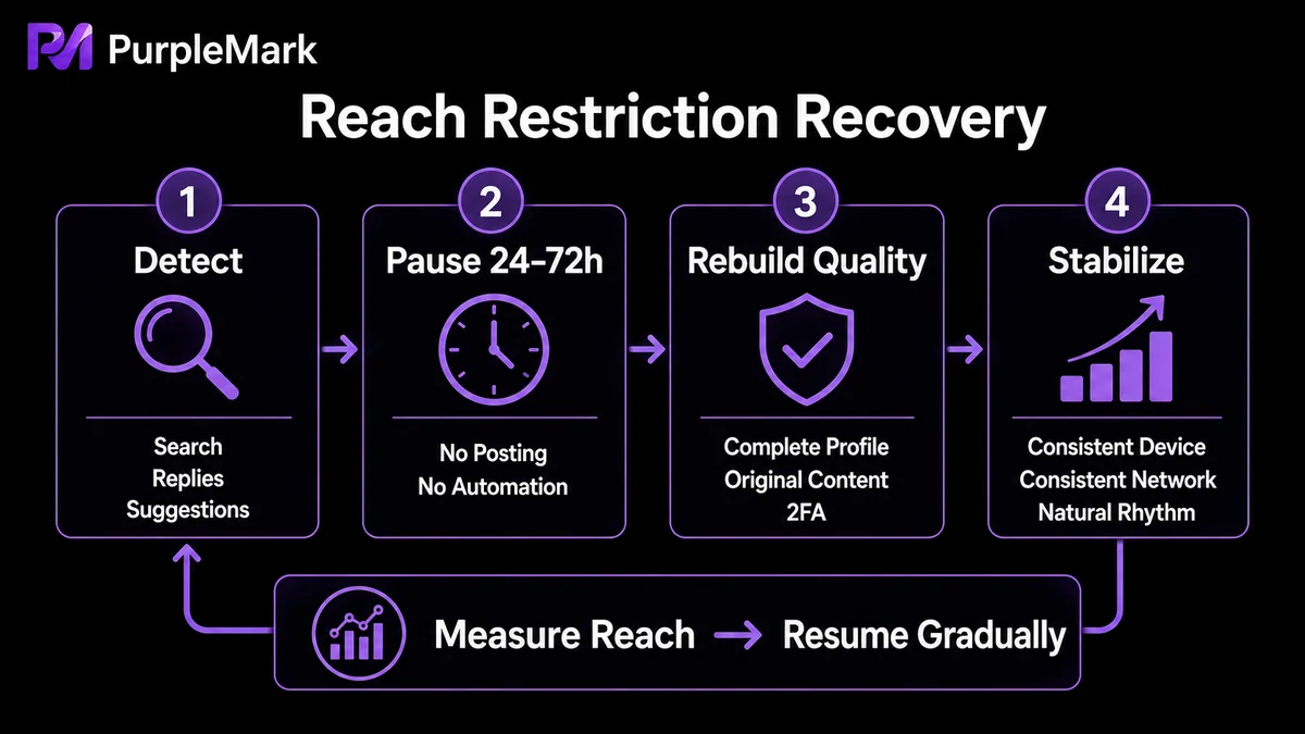 Timeline from identifying an X visibility restriction to going quiet, rebuilding content quality, and restoring stable activity