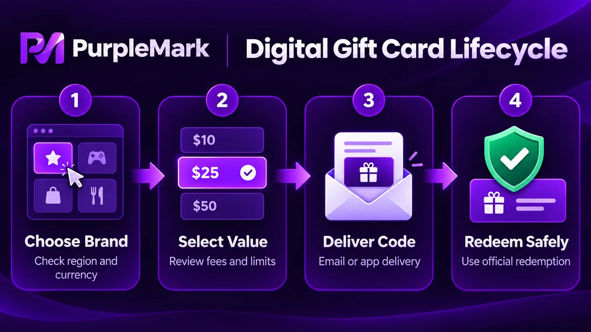 Complete virtual gift card flow from choosing a brand and denomination to receiving the redemption code and redeeming it safely