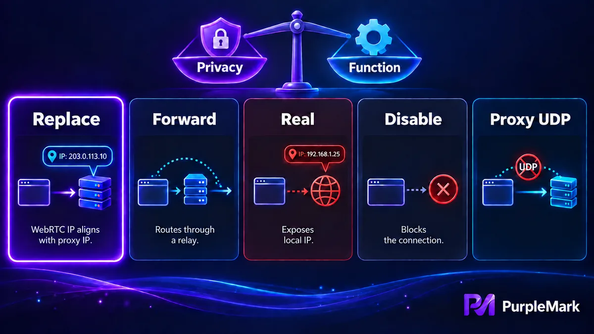 Privacy and functionality comparison of five WebRTC modes: Replace, Forward, Real, Disabled, and Proxy UDP