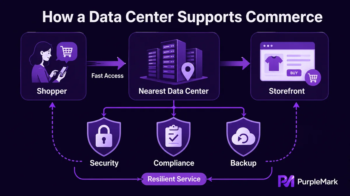 User requests reach an e-commerce site through a nearby data center, supported by security, compliance, and backup capabilities