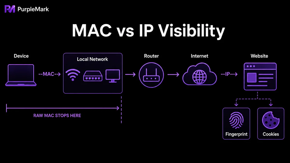 Where MAC addresses and IP addresses are visible on local networks and the internet